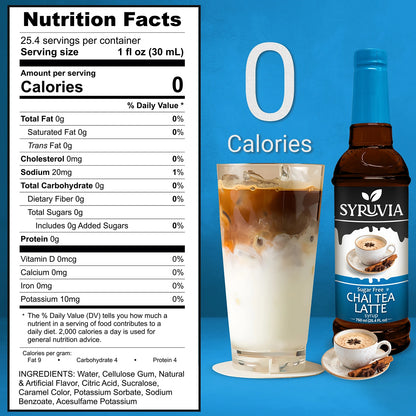 Syruvia Sugar Free Chai Tea Latte Syrup Nutrition Facts Label Showing Zero Calories Per Serving