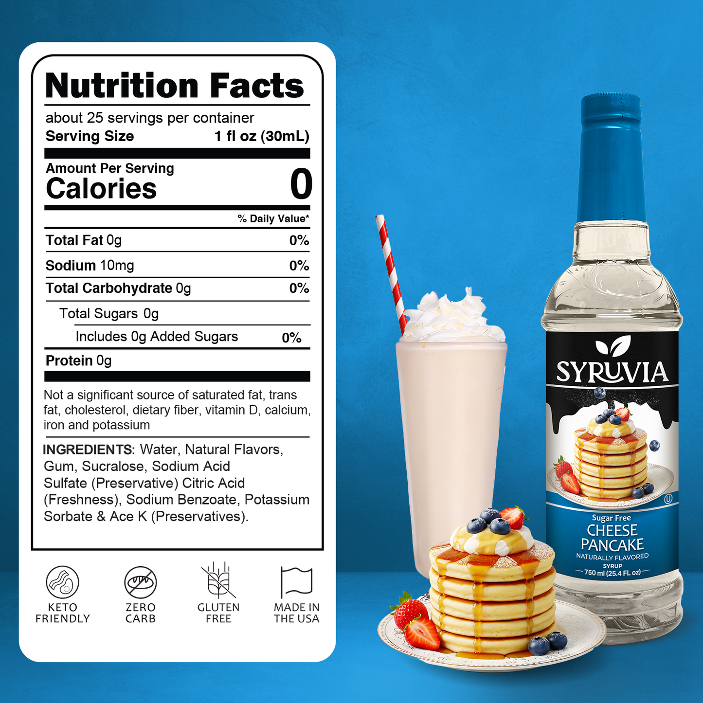 Sugar Free Cheese Pancake Syrup Bottle With Milkshake And Pancakes With Syrup Topping