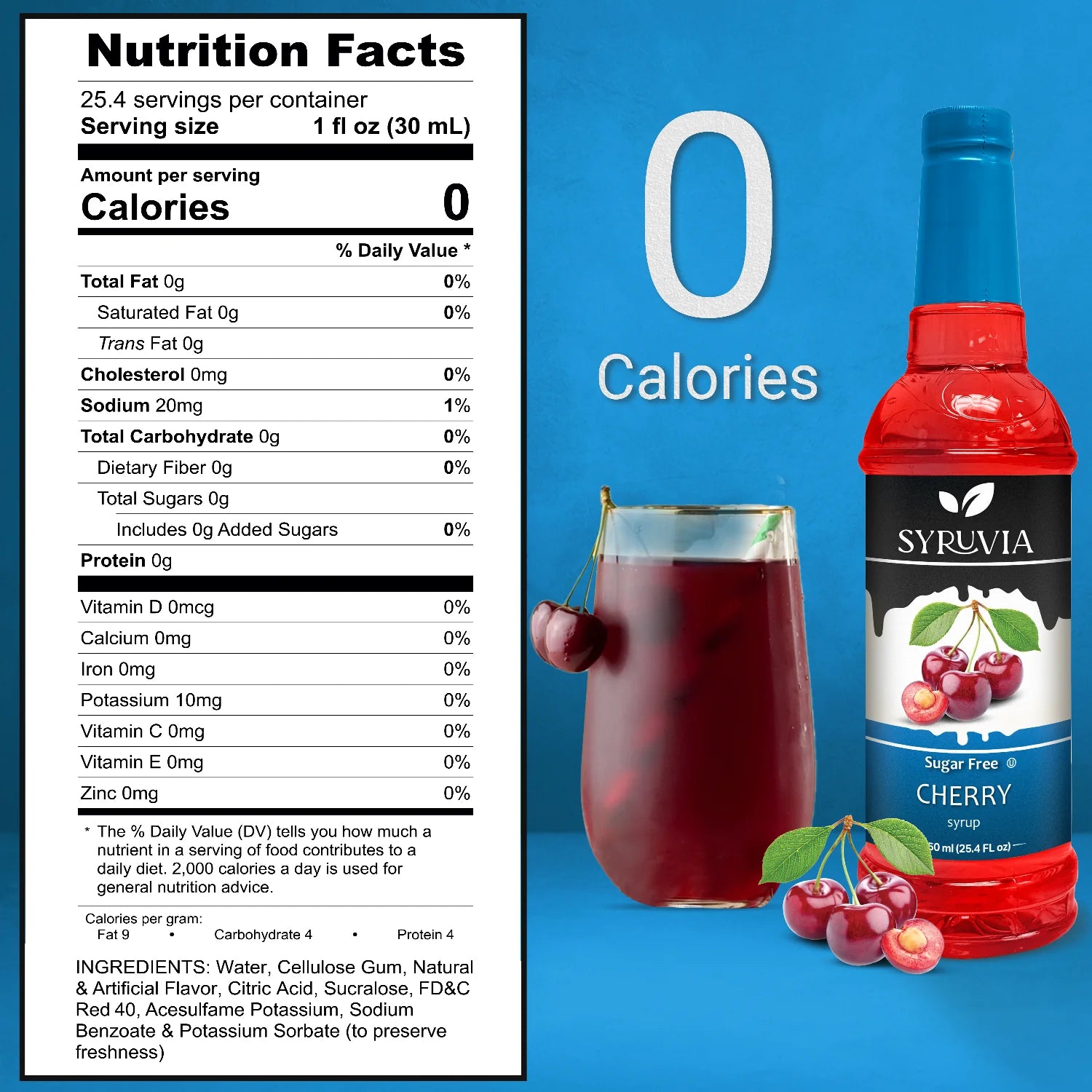 Syruvia Sugar Free Cherry Syrup Nutrition Facts Label Showing Zero Calories Per Serving