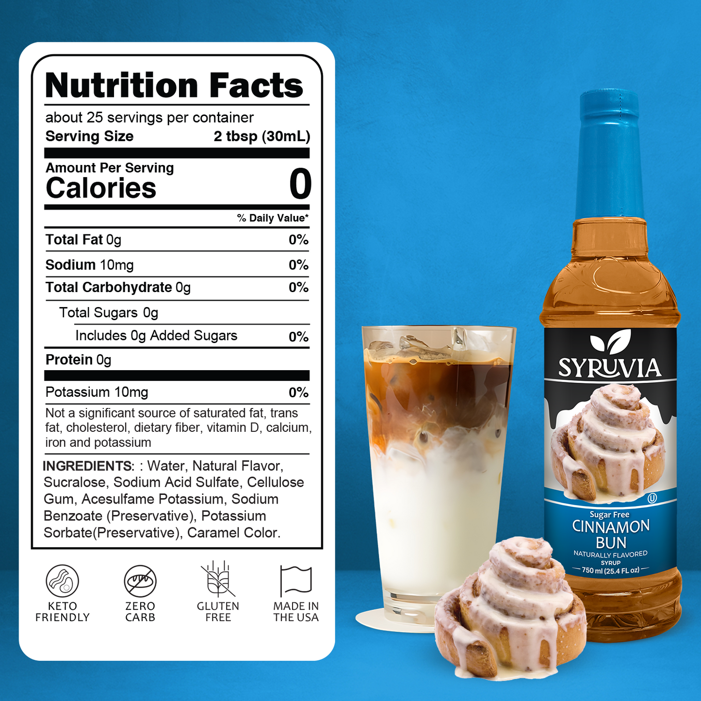 Sugar Free Cinnamon Bun Syrup Bottle With Iced Coffee And Frosted Cinnamon Roll
