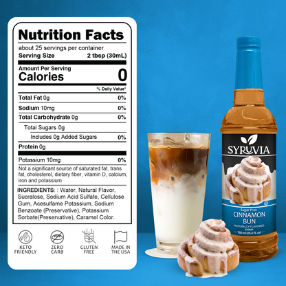 Sugar Free Cinnamon Bun Syrup Bottle With Iced Coffee And Frosted Cinnamon Roll