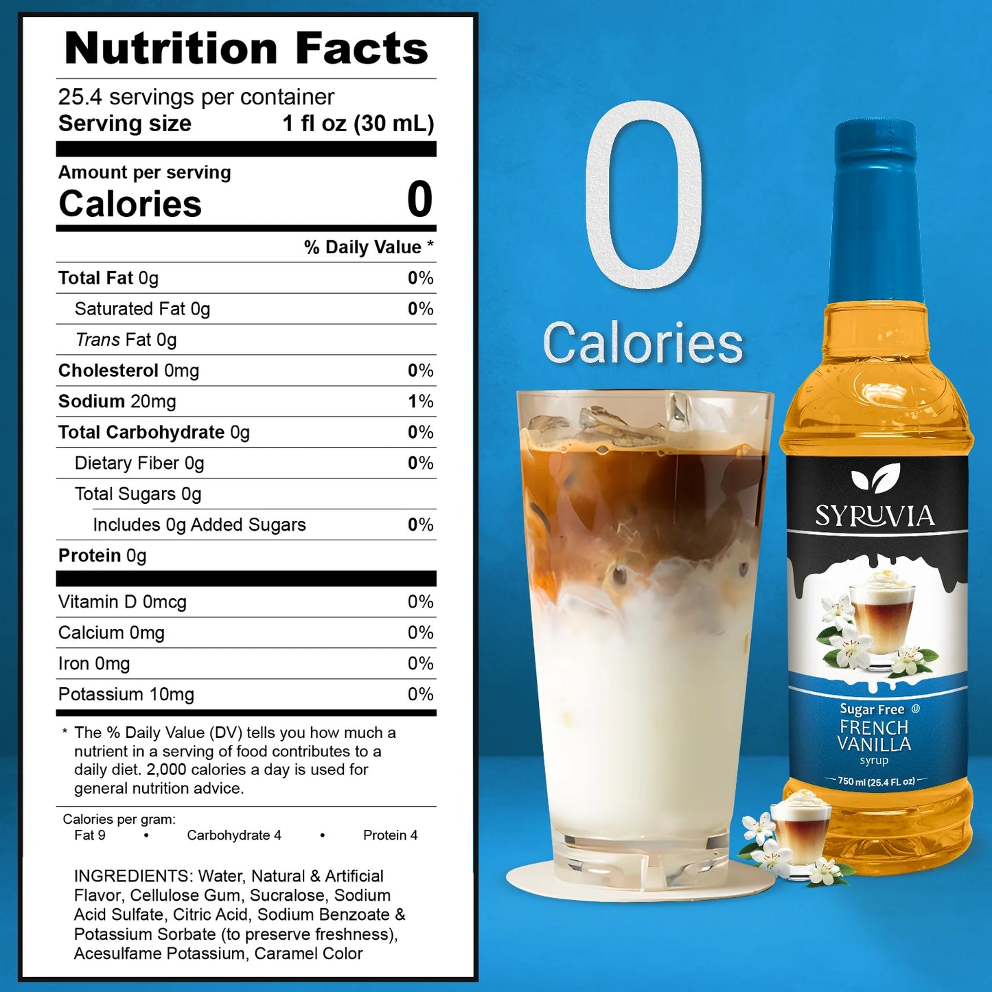 Syruvia Sugar Free French Vanilla Syrup Nutrition Facts Label Showing Zero Calories Per Serving