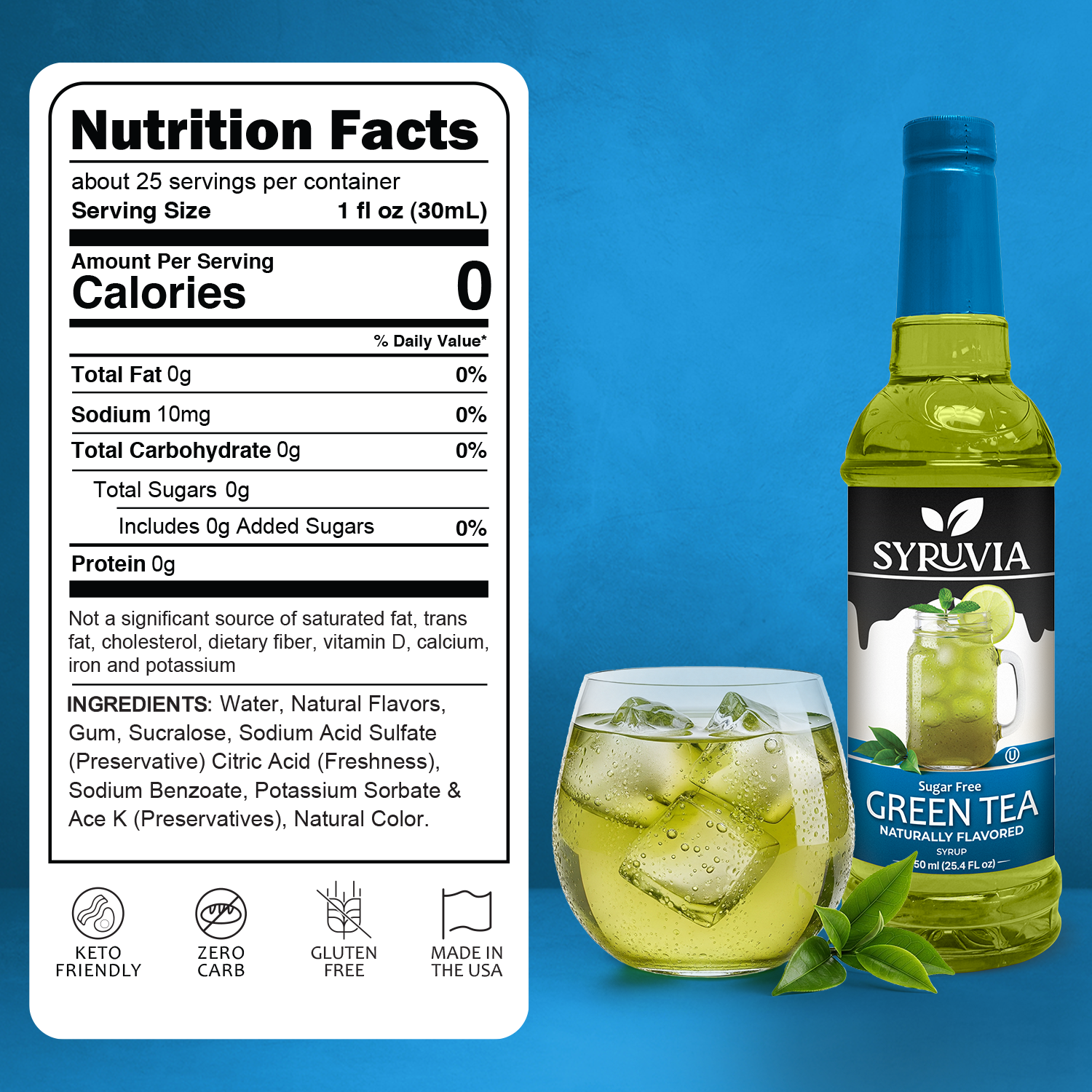 Sugar Free Green Tea Syrup Bottle Next To Refreshing Iced Green Tea Drink With Ice Cubes