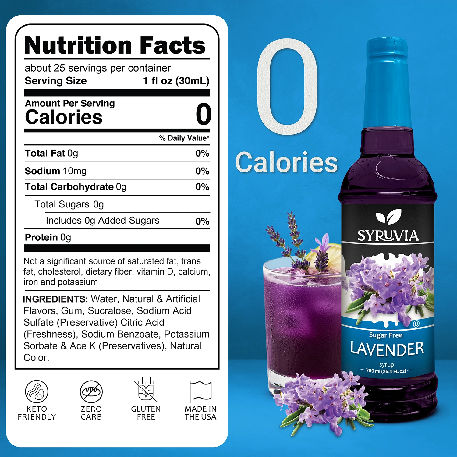 Syruvia Sugar Free Lavender Syrup Nutrition Facts Label Showing Zero Calories Per Serving