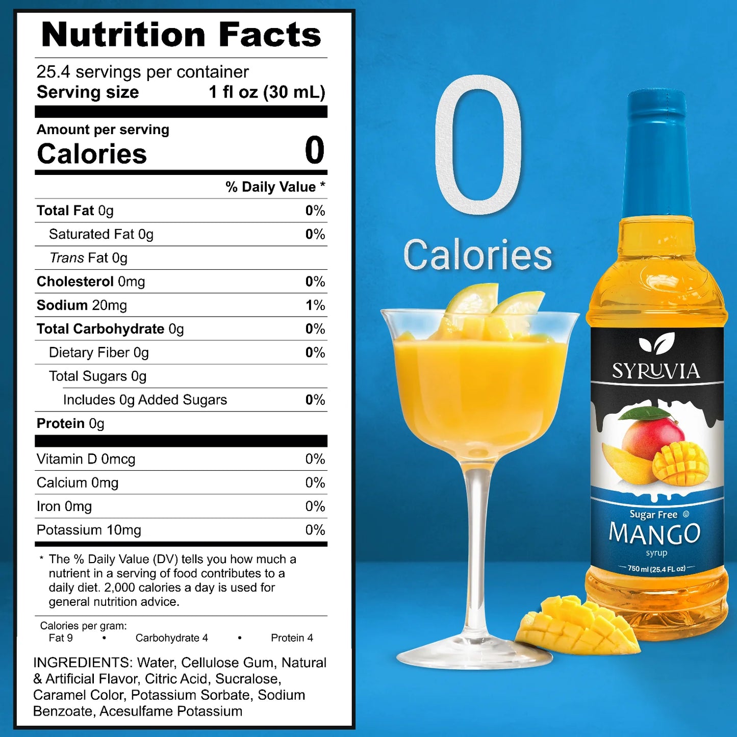 Syruvia Sugar Free Mango Syrup Nutrition Facts Label Showing Zero Calories With Mango Drink
