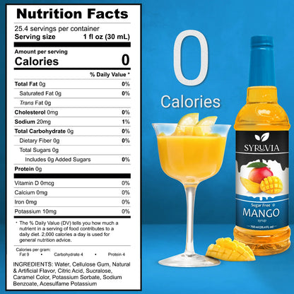 Syruvia Sugar Free Mango Syrup Nutrition Facts Label Showing Zero Calories With Mango Drink