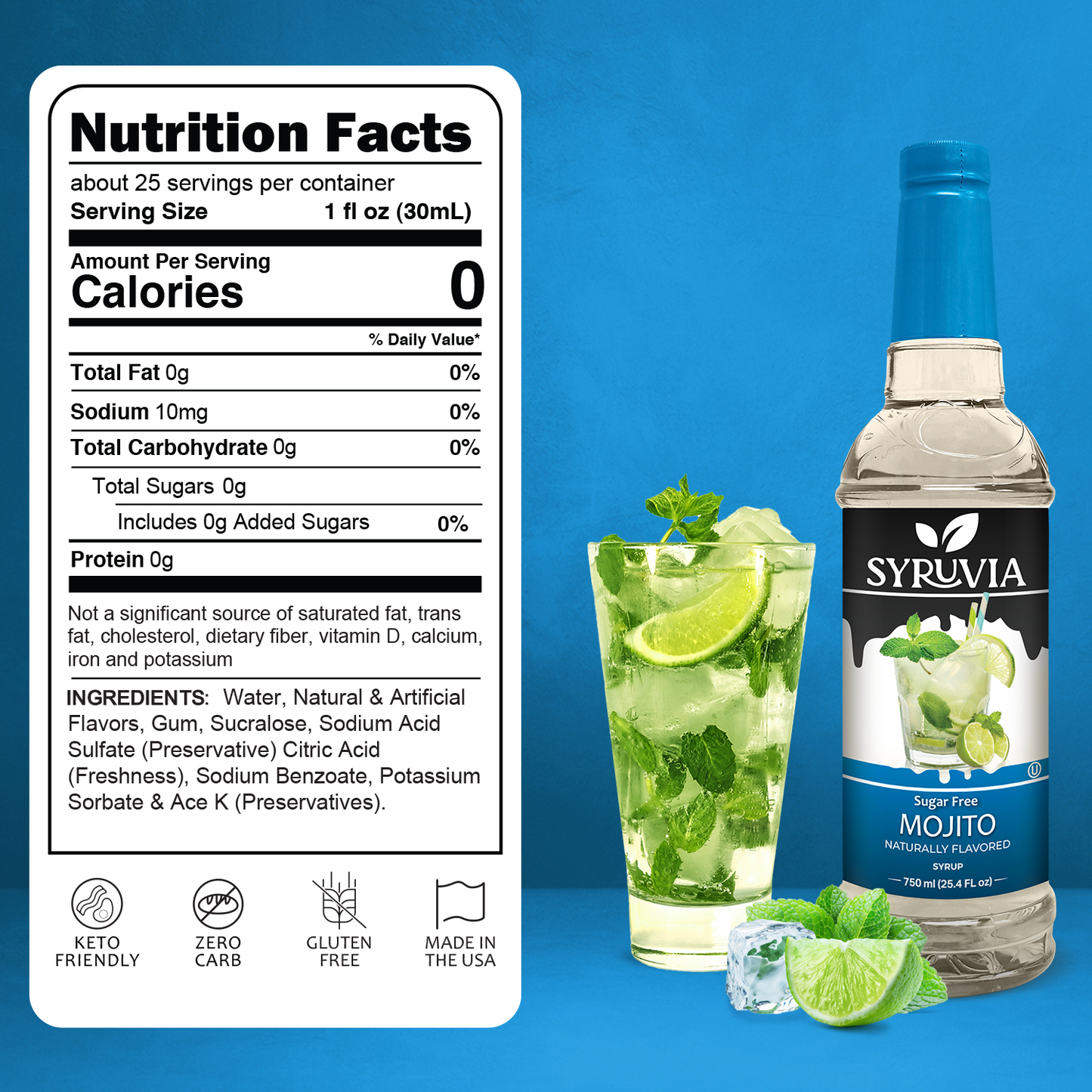 Sugar Free Mojito Syrup Bottle Next To Fresh Mint Lime Mojito Drink Over Ice