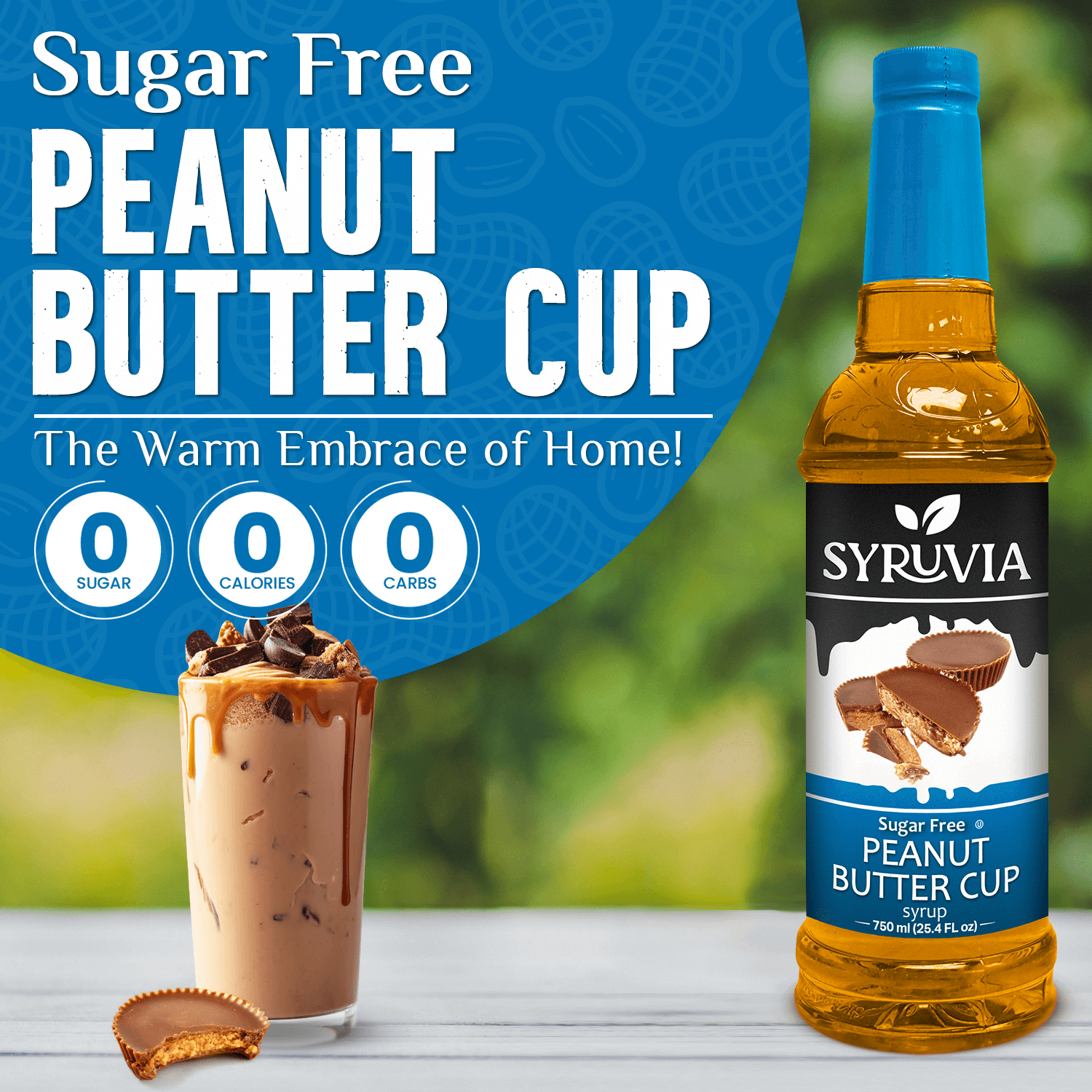 Syruvia Sugar Free Peanut Butter Cup Coffee Syrup Bottle With Iced Chocolate Drink Zero Sugar Zero Calories