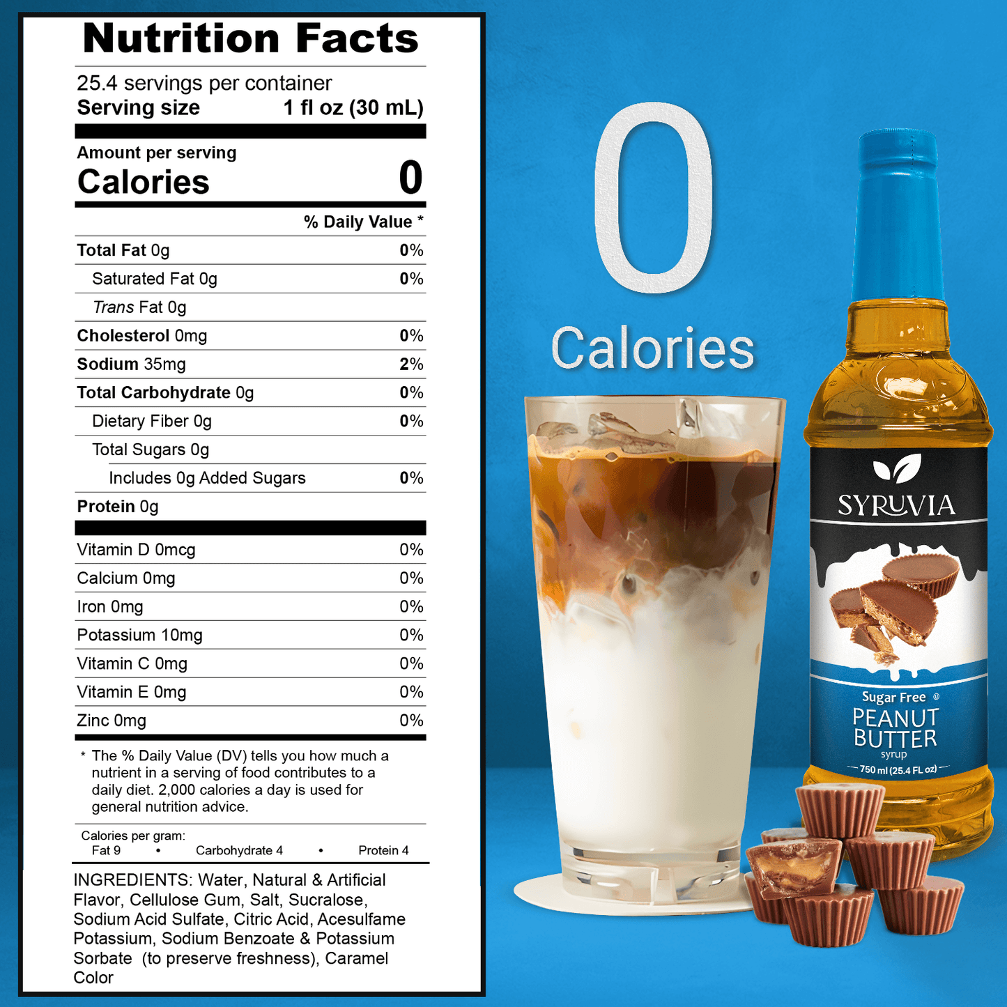Syruvia Sugar Free Peanut Butter Cup Syrup Nutrition Facts Label Showing Zero Calories With Iced Coffee Drink