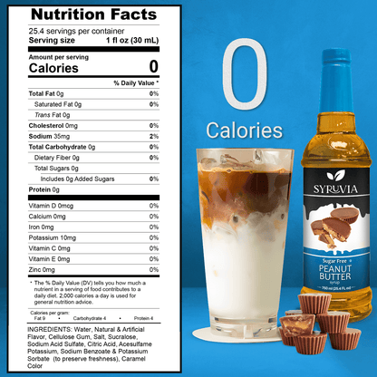 Syruvia Sugar Free Peanut Butter Cup Syrup Nutrition Facts Label Showing Zero Calories With Iced Coffee Drink