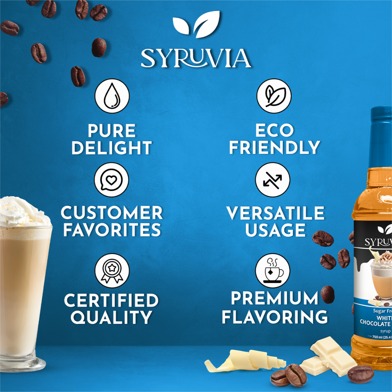 SYRUVIA product with features listed on a blue background