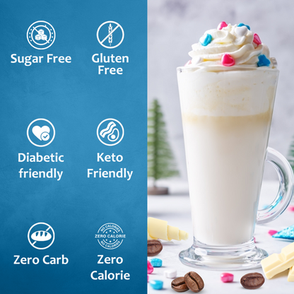 Glass of creamy beverage with whipped cream and colorful sprinkles on a blue background with health benefits text.