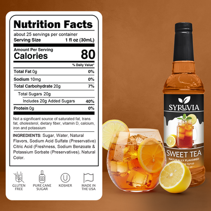 Sweet Tea Syrup Bottle With Iced Sweet Tea Drink And Fresh Lemon Slices