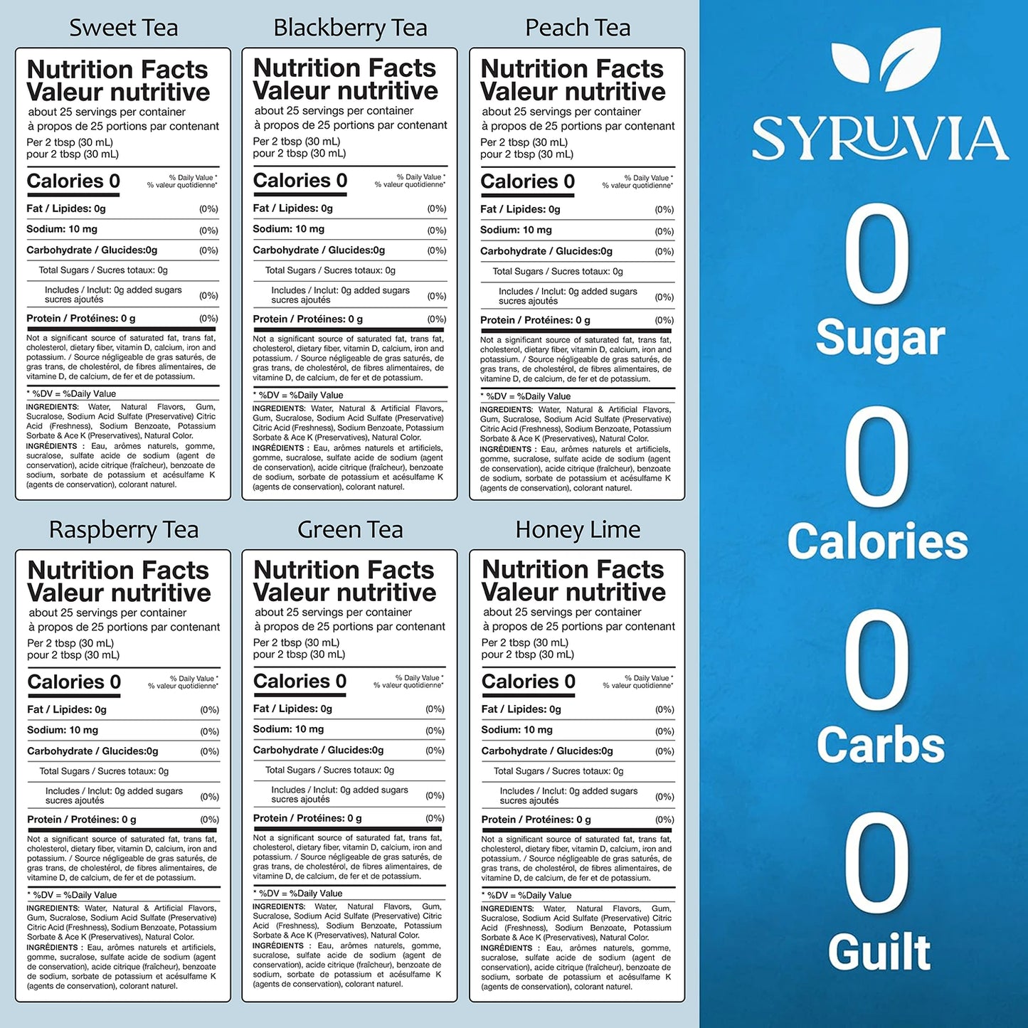 Syruvia Green Tea, Peach Tea, Sweet Tea, Blackberry Tea, Raspberry Tea, Honey Tea Nutrition Facts