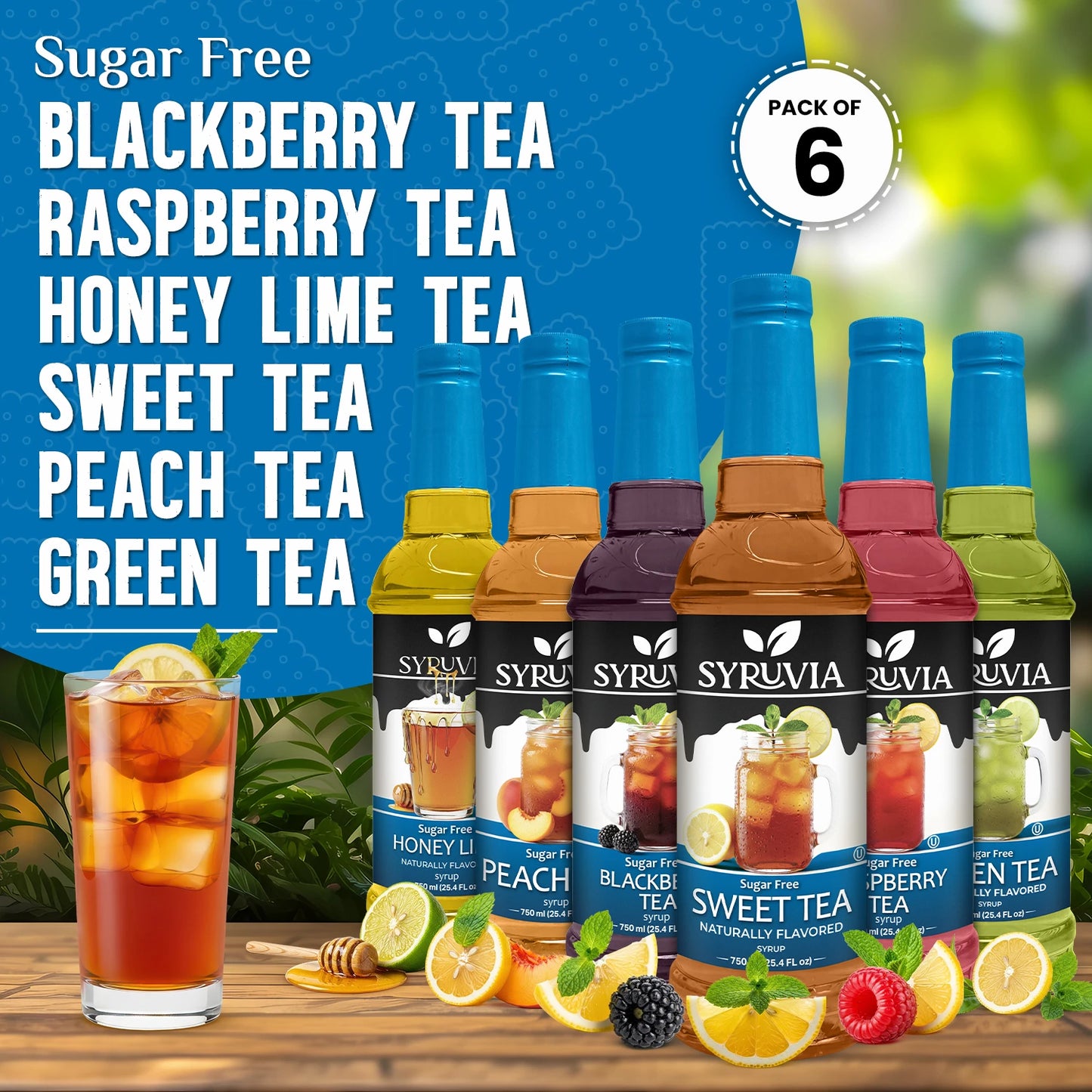 Syruvia Green Tea, Peach Tea, Sweet Tea, Blackberry Tea, Raspberry Tea, Honey Tea pack of 6