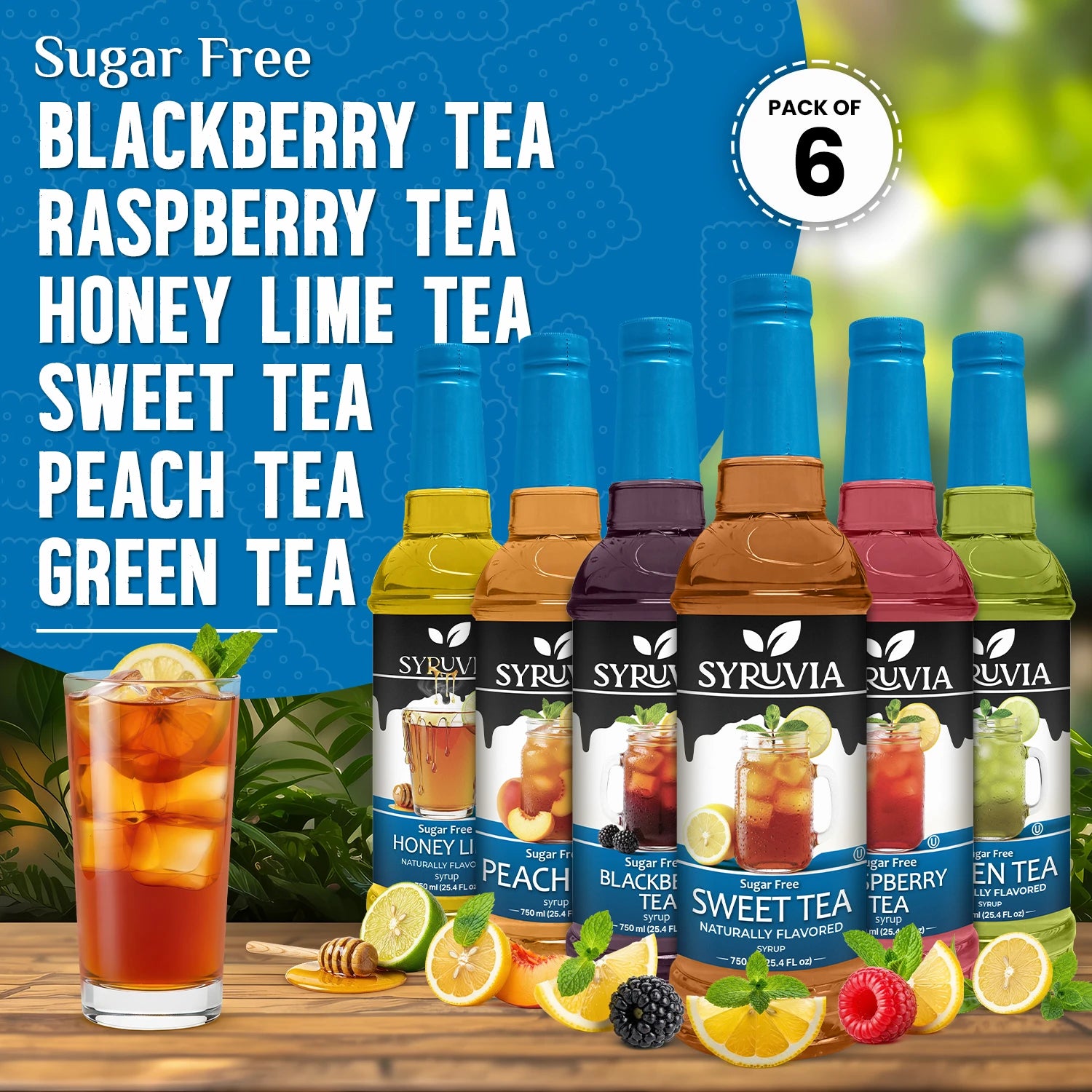 Syruvia Green Tea, Peach Tea, Sweet Tea, Blackberry Tea, Raspberry Tea, Honey Tea pack of 6