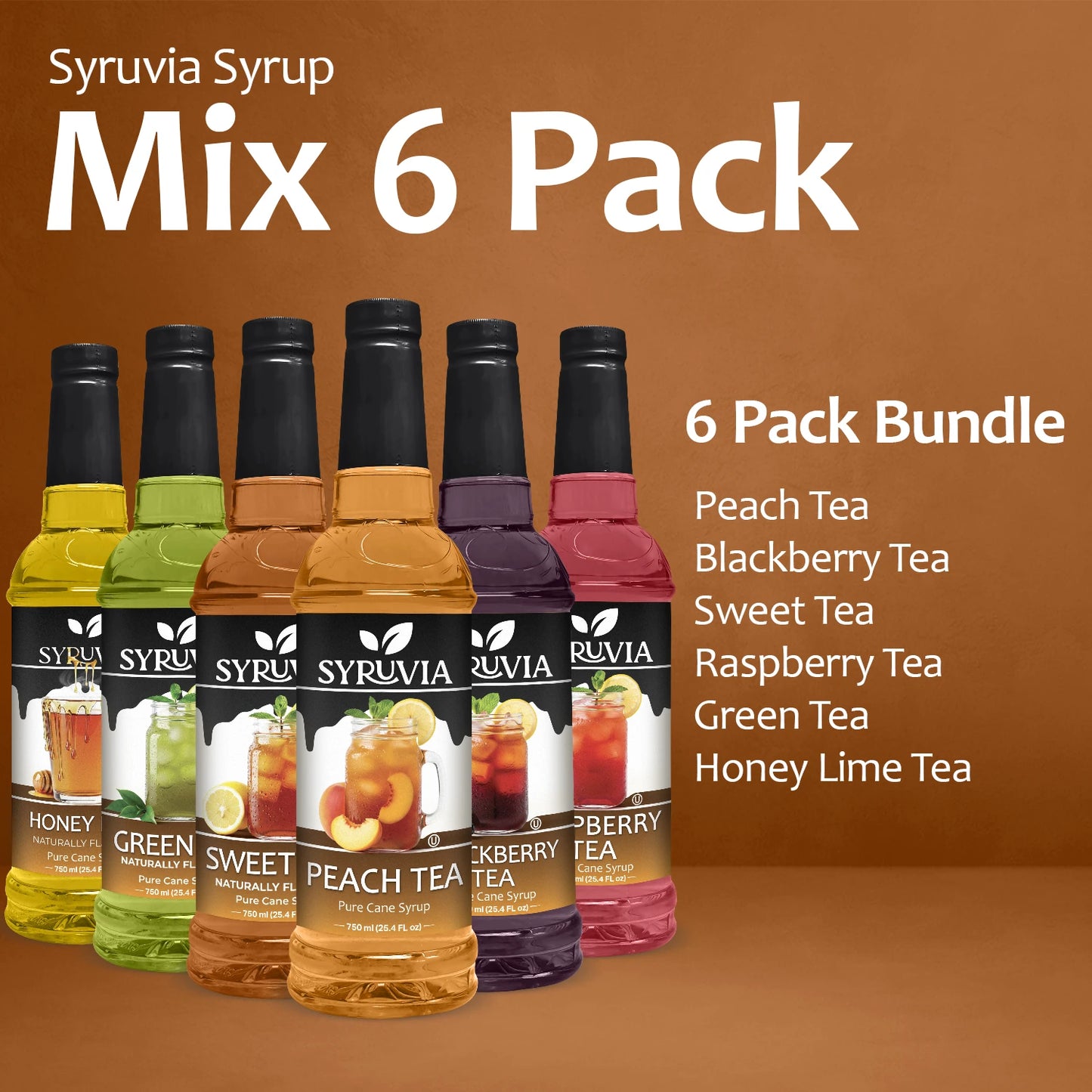 Syruvia Green Tea, Sweet Tea, Peach Tea, Blackberry Tea, Raspberry Tea, Honey Lime Mix
