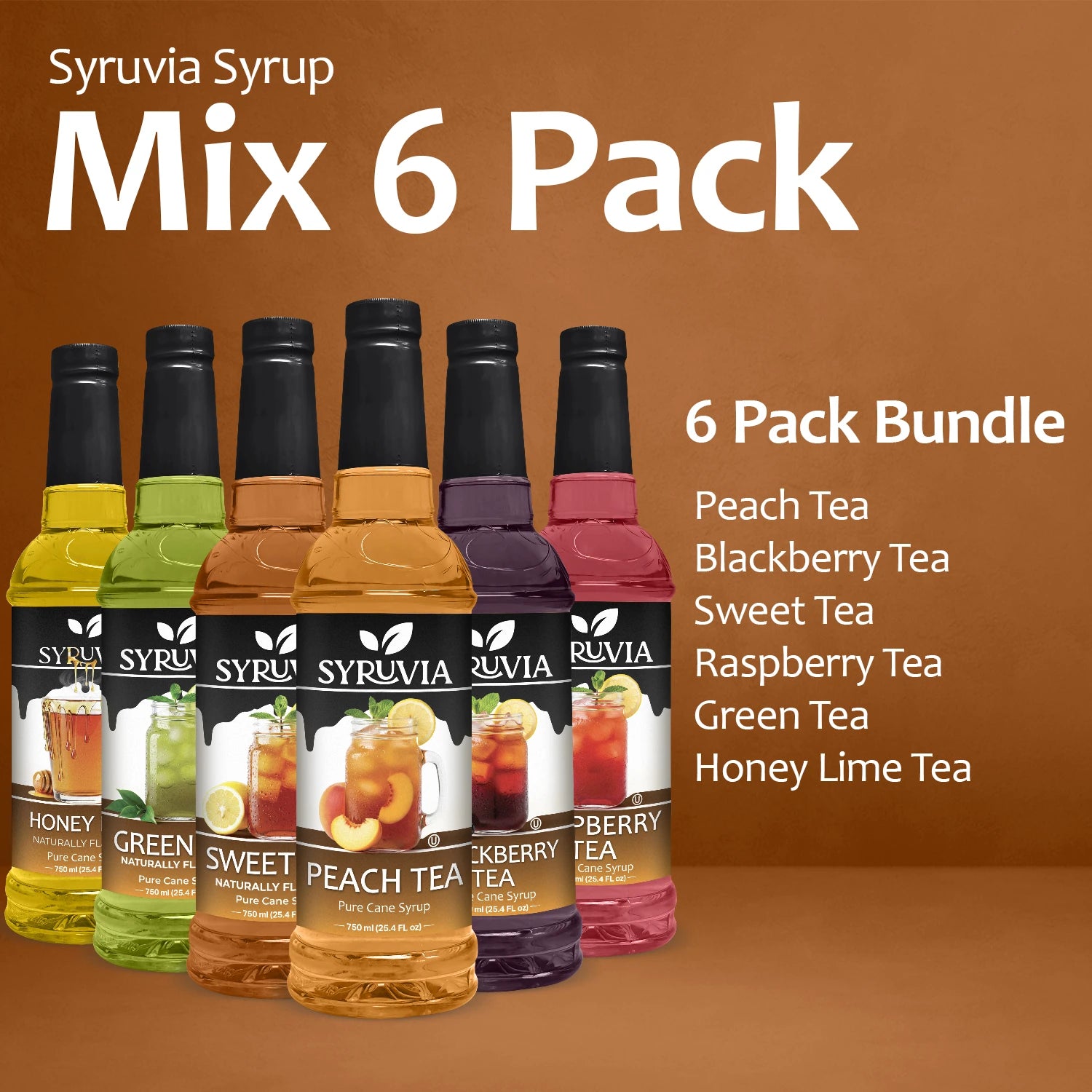 Syruvia Green Tea, Sweet Tea, Peach Tea, Blackberry Tea, Raspberry Tea, Honey Lime Mix
