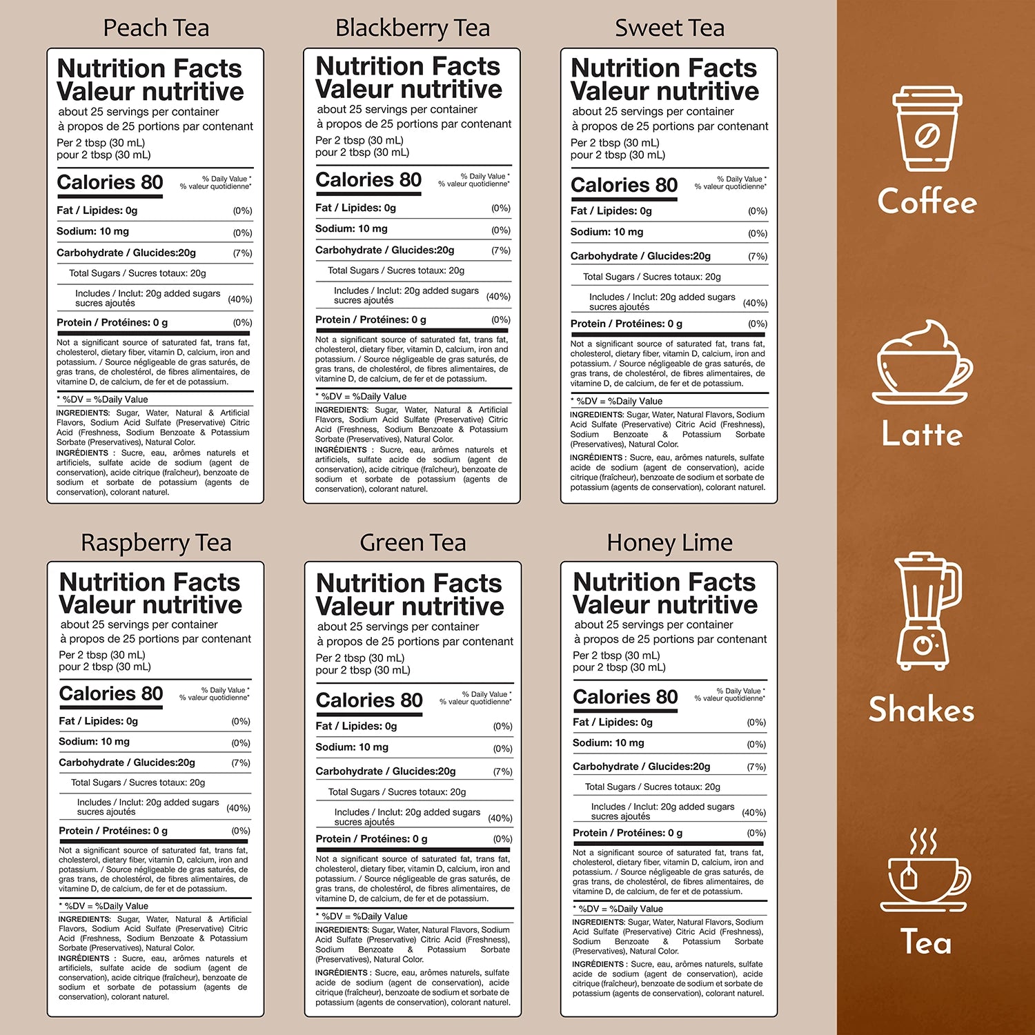 Syruvia Green Tea, Sweet Tea, Peach Tea, Blackberry Tea, Raspberry Tea, Honey Lime Nutrition Facts