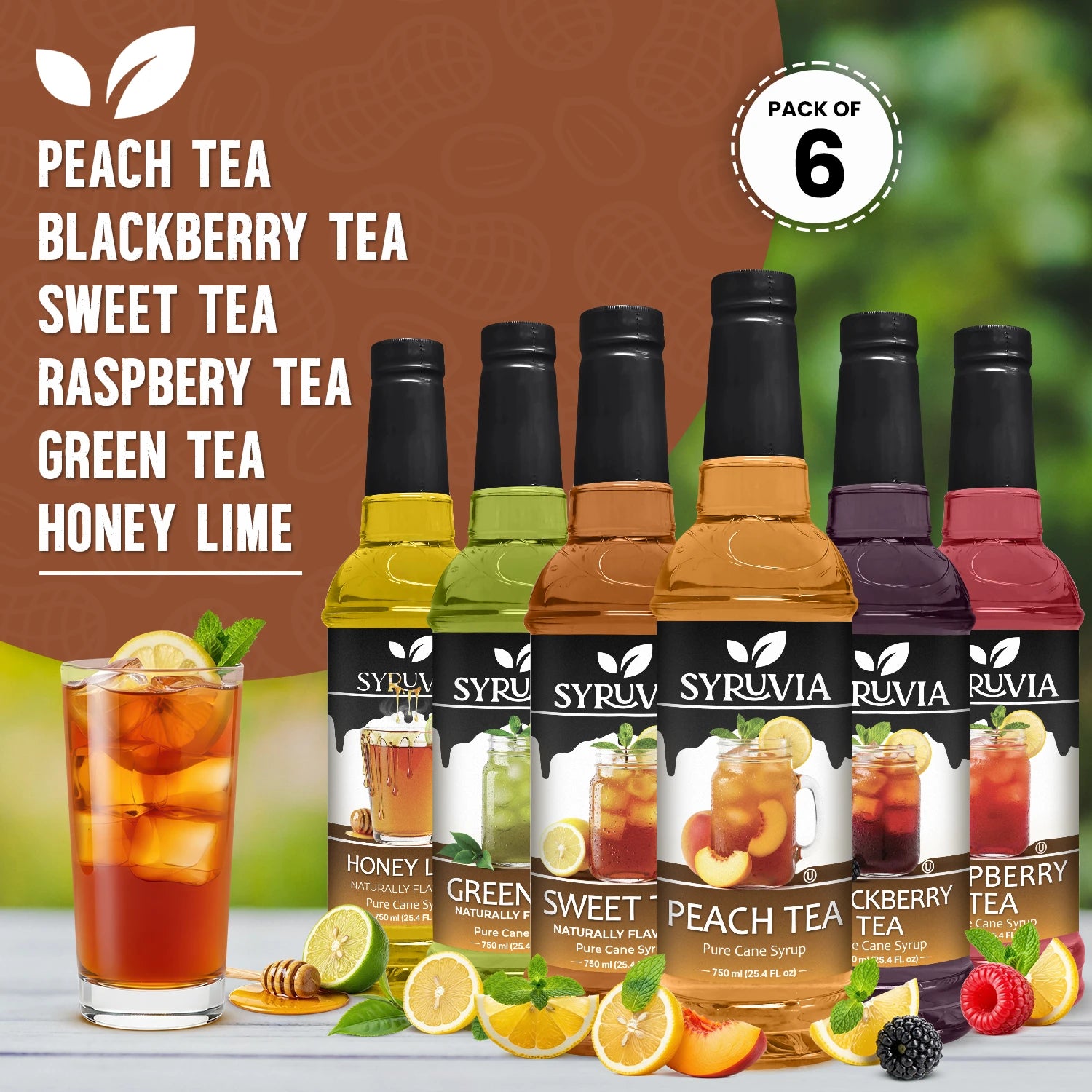 Syruvia Green Tea, Sweet Tea, Peach Tea, Blackberry Tea, Raspberry Tea, Honey Lime Pack of 6