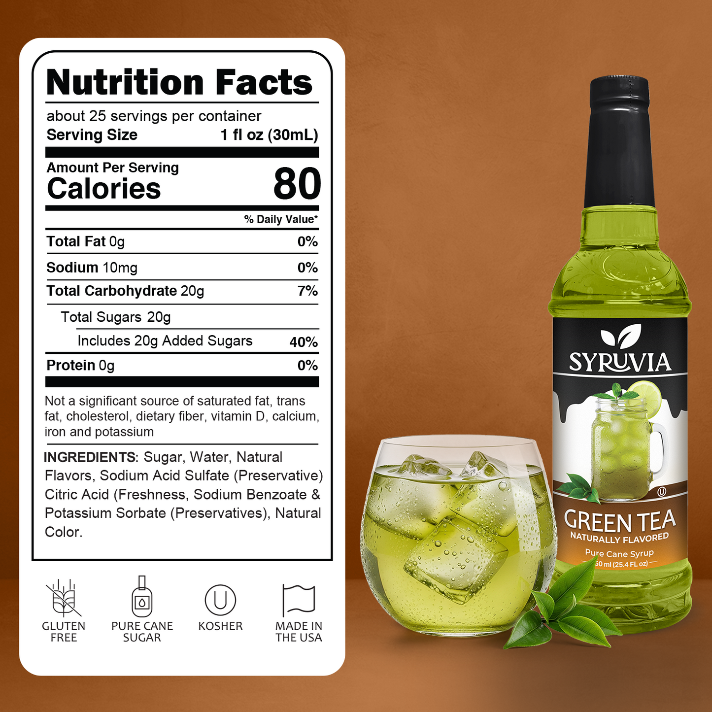 Syruvia Green Tea Syrup Bottle With Iced Green Tea Drink And Full Nutrition Facts Display