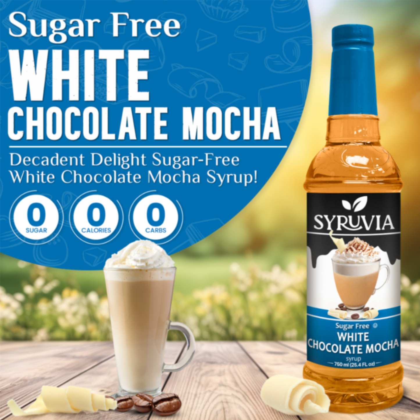 Sugar-Free White Chocolate Mocha syrup bottle with a cup of coffee and whipped cream on a wooden surface.