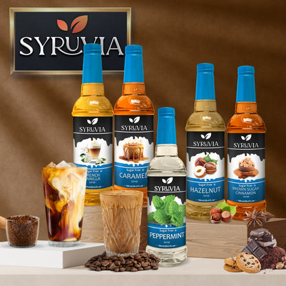 Syruvia Sugar Free Coffee Syrups Collection Featuring French Vanilla Caramel Hazelnut Peppermint And Brown Sugar Cinnamon