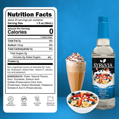 Syruvia Sugar Free Yogurt Bowl Syrup Bottle With Creamy Drink And Fruit Yogurt Bowl
