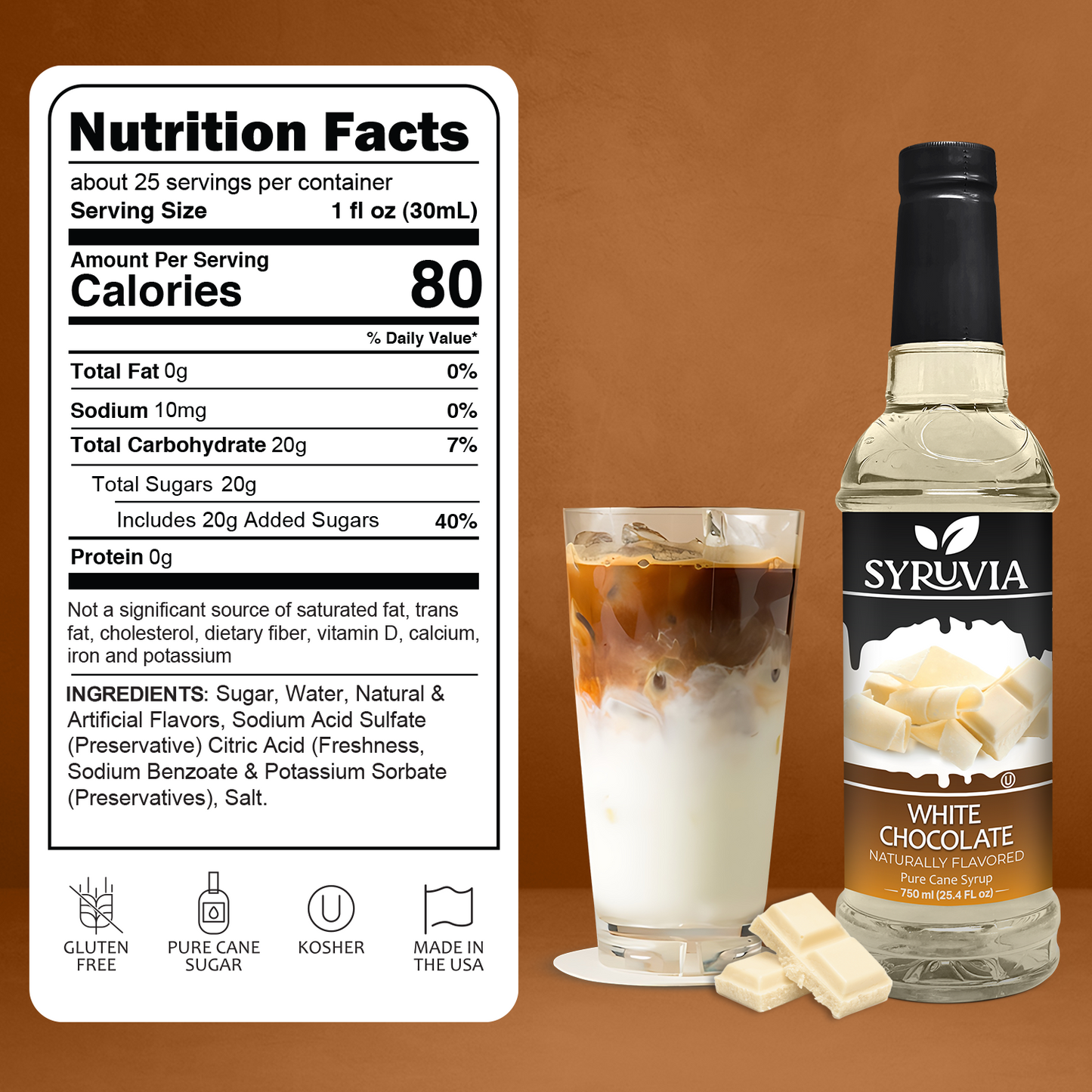 Syruvia White Chocolate Syrup Bottle With Creamy Iced Coffee And White Chocolate Pieces