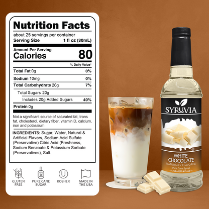 Syruvia White Chocolate Syrup Bottle With Creamy Iced Coffee And White Chocolate Pieces