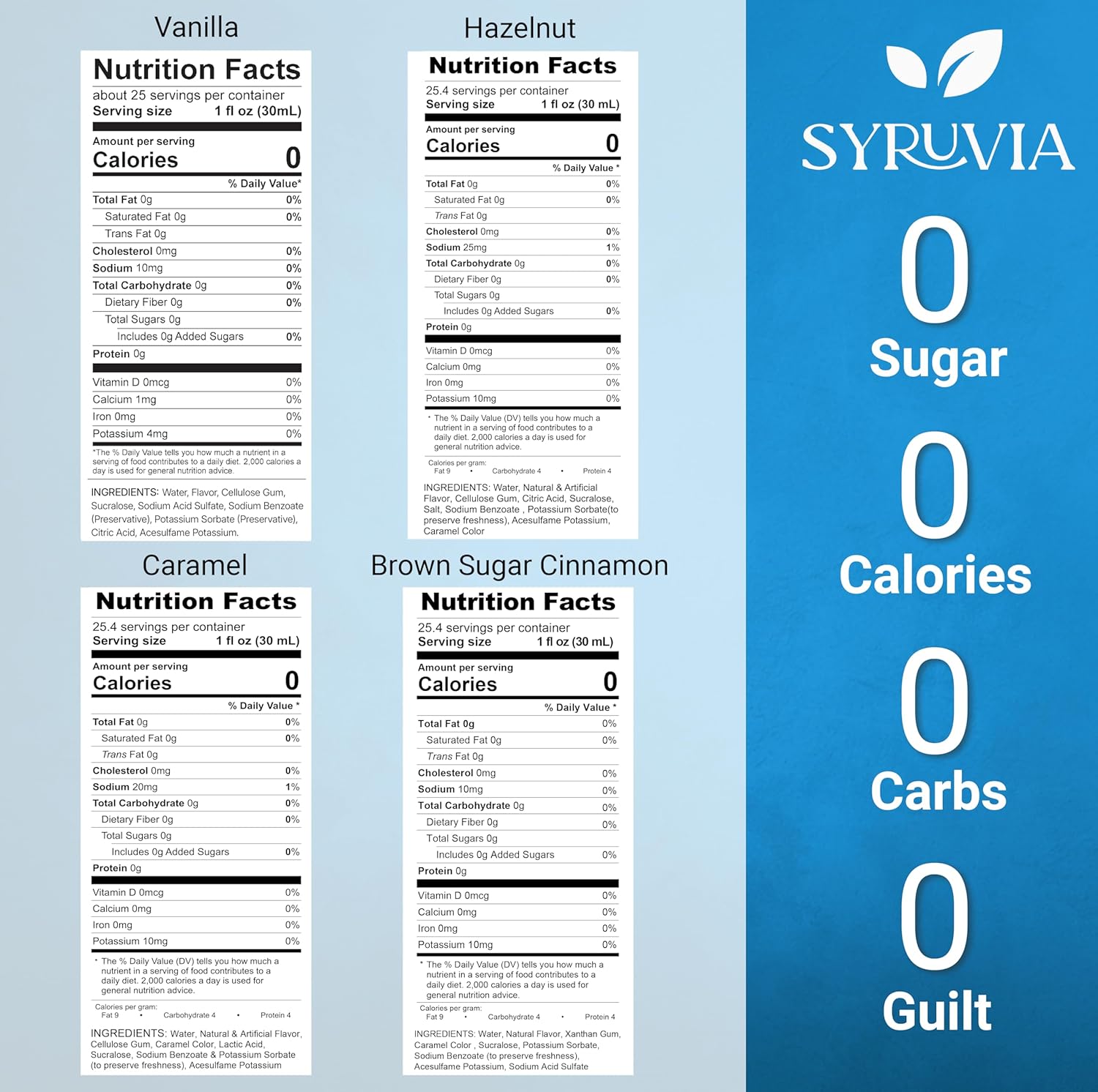 Vanilla, Caramel, Hazelnut, and Brown Sugar Cinnamon syrups Nutrition Facts