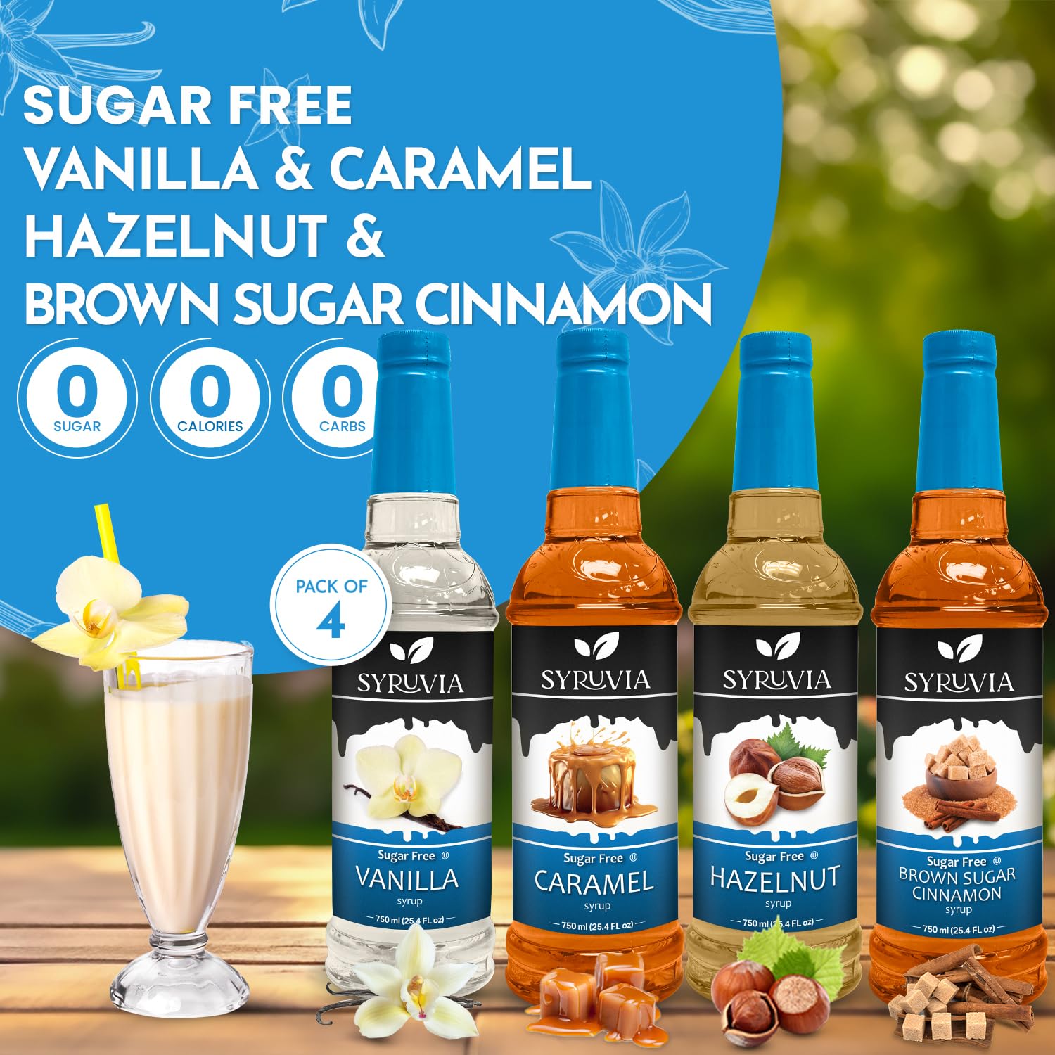 Vanilla, Caramel, Hazelnut, and Brown Sugar Cinnamon syrups Pack of 4