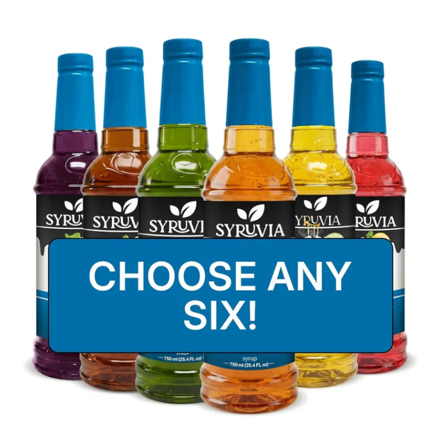 Sugar-free 6-pack: six Syruvia bottles with blue caps
